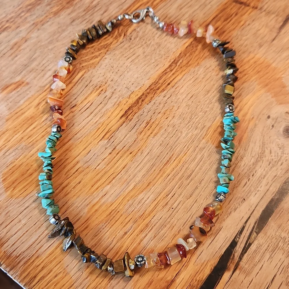 Native American Turquoise Tiger Eye Amber Necklace 17.5" - Picture 1 of 15